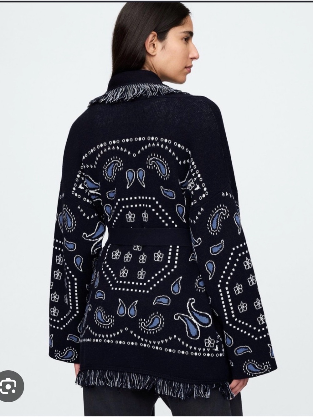 GAP Navy and Light Blue Bandana-Print Fringe Cardigan